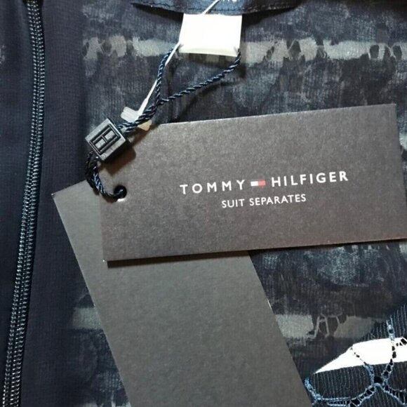 Tommy Hilfiger L Navy Blue Sheer Floral Striped Lined Zip Back Sleeveless Top - Picture 6 of 7